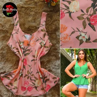 Blusa feminina de viscose estampada com alça grossa - Modelo Verão 2 - Rosa (Estampada)