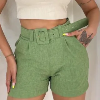 Short Verão Cintura Alta Linho Strecht Alfaiataria Com Cinto - Vermelho