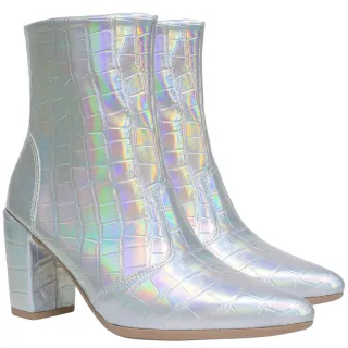 Coturno Feminino Cano Curto Salto Confortável Bico Fino - Prata Croco