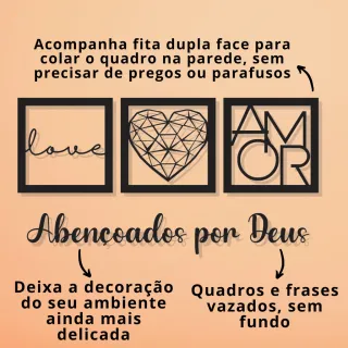 Kit Quadros Decorativos Frase Abençoados por Deus Decoração de Quarto - Família Amor Gratidão + Frase