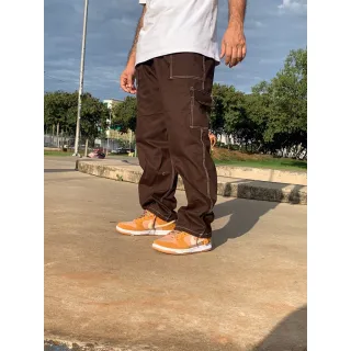 Calça Cargo Unissex Tecido Leve 5 Bolso - Promoção - MARROM LINHA BRANCA