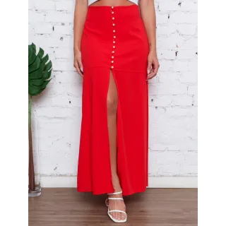 Saia Midi Lisa com Fenda na Frente e Botão - Compre Online na Raryel - Saia C fenda Preta