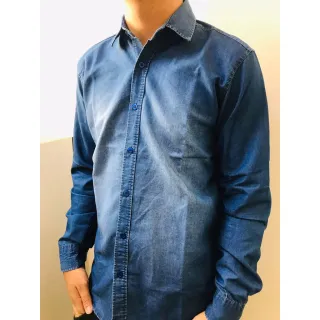 Camisa social lisa manga longa em jeans 100% algodão - JEANS ESCURO