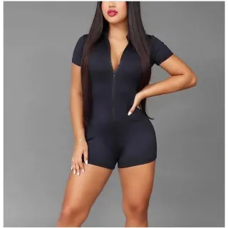 Shorts Curto Macacão Fitness Gringa Com Ziper Manga Macaquinho Academia - Preto