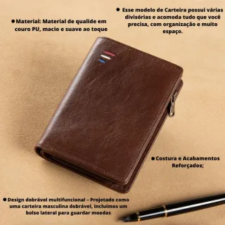 Detalhe em Metal Carteira Masculina Couro PU Trabalhada - Marrom