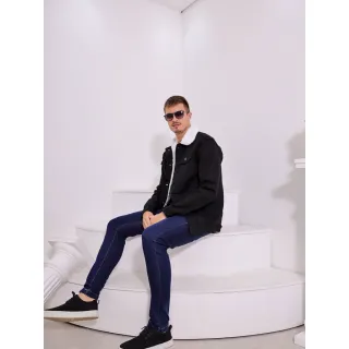 Casacos de inverno masculino em jeans forrados com alpaca - Azul Claro