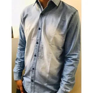 Camisa social lisa manga longa em jeans 100% algodão - JEANS ESCURO