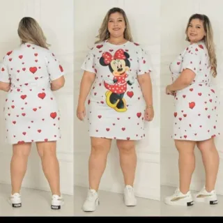 Camisão Plus Size Estampado em Malha Feminino - Vestido de Malha - TURMA DO MICKEY ROSE