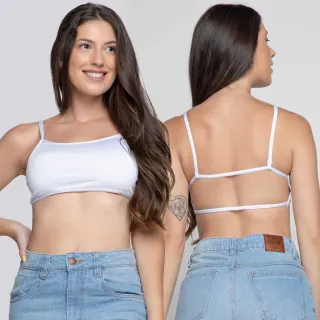 Modas Dyeu - Top Cropped Sexy Costa Nua Gringa Casual Alça Fina - PRETO COM BRANCO