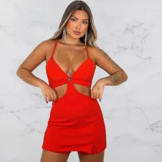 Short saia canelado com argola: Macaquinho - Vermelho