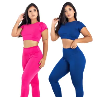 Conjunto Academia Calça Legging Cintura Alta + Top Cropped - Kit 2 | Raryel - Preto/Bic