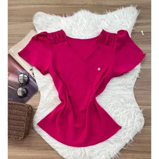 Blusa manga curta feminina com detalhe elástico no ombro - Off