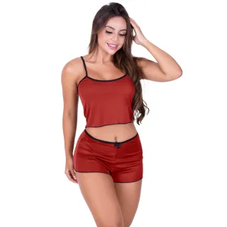 Cropped Thais Helanca Short e Camiseta Pijama Baby Doll Feminino - Preto