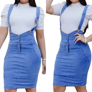 7PALLAS Jardineira Jeans Evangélica Moda 5 Botões - jeans