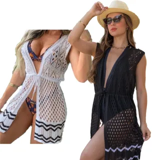 Promoção Tricot Kimono Cardigan Amarrar - Kit com 2 Saídas de Praia - Único