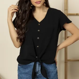 Blusa feminina com botão, manga curta - Verde Escuro