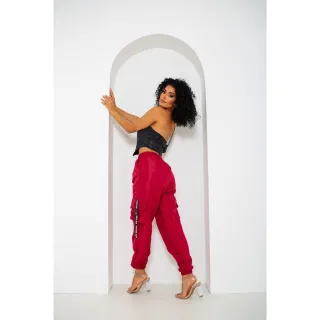 Calça Jogger Feminina Verde Militar em Tactel com 4 Bolsos Cargo - Bege