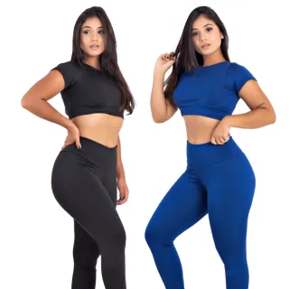 Conjunto Academia Calça Legging Cintura Alta + Top Cropped - Kit 2 | Raryel - Preto/Bic