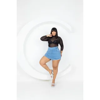 Saia Jeans Plus Size Feminino Curto Com Lycra - Azul marinho c/ botões