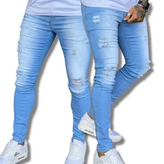 Calça Jeans Masculina Super Skinny Lycra Elastano - Kit com 2 unidades - TURQUESA/ DARK