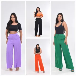 Promoção Calça Pantalona Feminina com Bolso e Botão em Tecido Duna