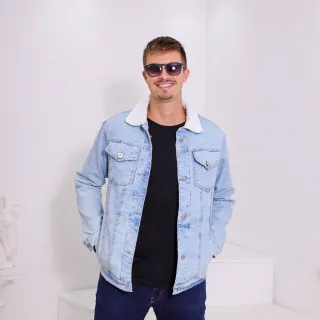 Casacos de inverno masculino em jeans forrados com alpaca - Azul Claro