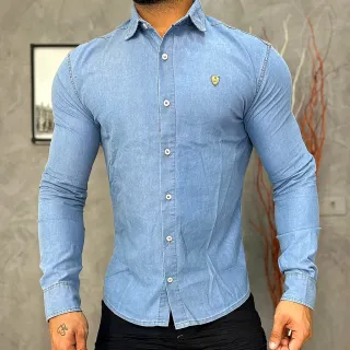 Social Slim Fit Manga Longa Camisa Jeans Masculina - Jeans escura