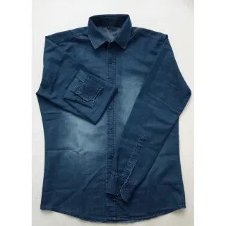 Camisa social lisa manga longa em jeans 100% algodão - JEANS ESCURO