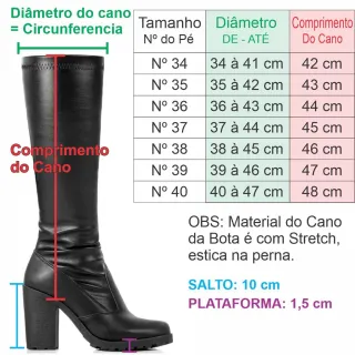 Bota Cano Alto Feminina Tratorada Stretch Salto Grosso Plataforma - Napa preto
