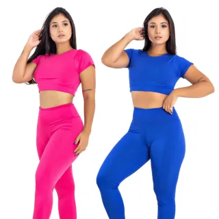 Conjunto Academia Calça Legging Cintura Alta + Top Cropped - Kit 2 | Raryel - Preto/Bic