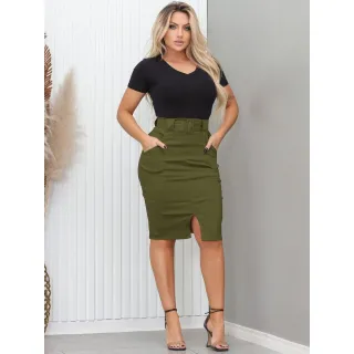 Saia longuete com fenda e botões, cinto encapado - Londres - Caramelo