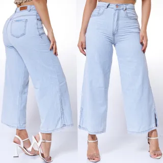 Levanta Bumbum Calça Jeans Feminina Azul Clara Cintura Alta Tecido Leve