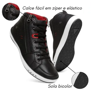 Promoção de Lançamento: Sapatênis Cano Médio em Couro com Elástico e Zíper - Calce Fácil - Preto