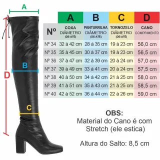 Bota Feminina Salto Alto Over The Knee - Cano Alto, Bico Quadrado - Preto