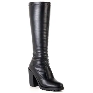 Bota Cano Alto Feminina Tratorada Stretch Salto Grosso Plataforma - Napa preto