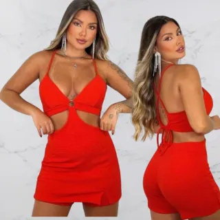 Short saia canelado com argola: Macaquinho - Vermelho