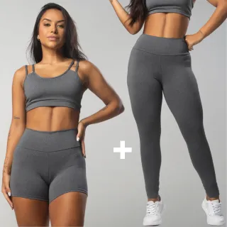 Top de academia, calça legging e shortinho: Kit básico fitness - Preto