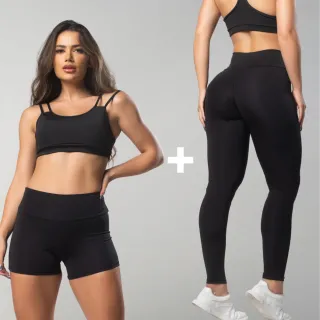 Top de academia, calça legging e shortinho: Kit básico fitness - Preto