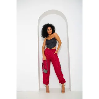 Calça Jogger Feminina Verde Militar em Tactel com 4 Bolsos Cargo - Bege