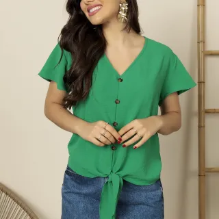 Blusa feminina com botão, manga curta - Verde Escuro