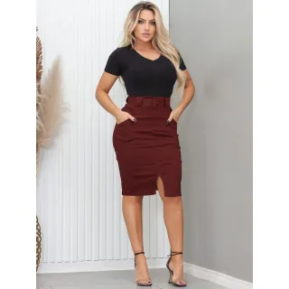 Saia longuete com fenda e botões, cinto encapado - Londres - Caramelo