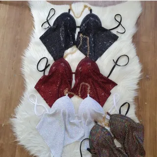 Cropped Frente Única Lurex e Paetê com Corrente Feminino - Rosa Paetê Quadrado Rosa