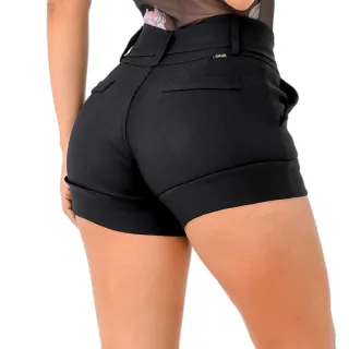 Shortinho Feminino Cintura Alta Laço Bengaline Curto - Preto