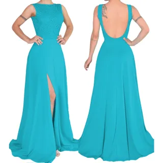 Fenda Vestido Festa Longo Renda Busto com 247 - Verde Tiffany