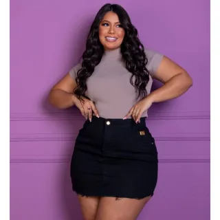 Saia curta plus size preta em jeans com Lycra - Preto