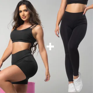Top de academia, calça legging e shortinho: Kit básico fitness - Preto