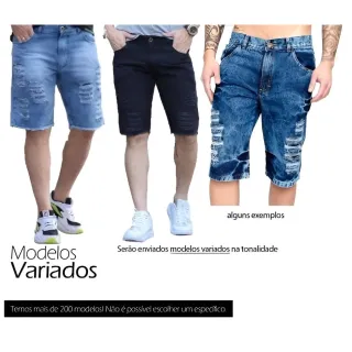 Moda masculina: Kit com 3 Bermudas Jeans Claro Rasgadas Premium - 3 BERMUDA JEANS VARIADAS