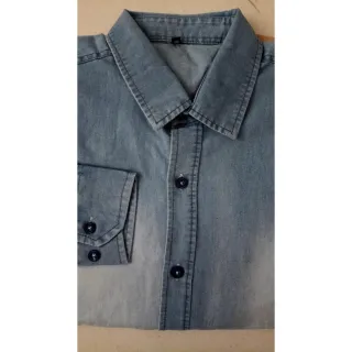 Camisa social lisa manga longa em jeans 100% algodão - JEANS ESCURO