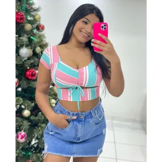 Blusa Manga Curta Cropped Feminino Vazado com Bojo Suplex - Blogueirinha - ROXO FUCSIA
