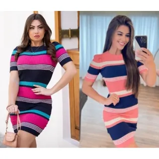 Variedade de Vestidos Tricot Modal / Manga Curta / Gola V e Redonda / Listrado Trico - Marinho Vest Liso